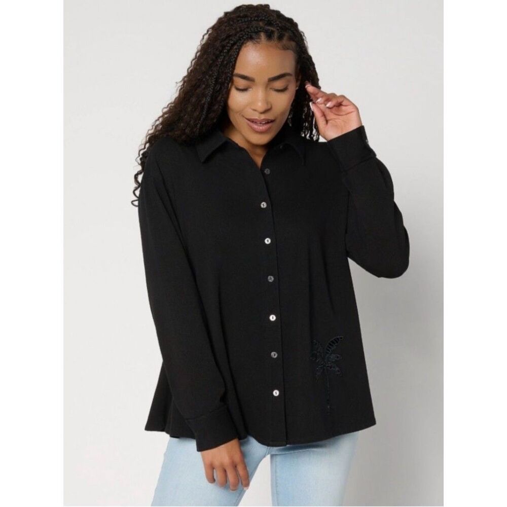 Women with Control Prime Stretch 2 Denim Button Front Shirt Size Small Black